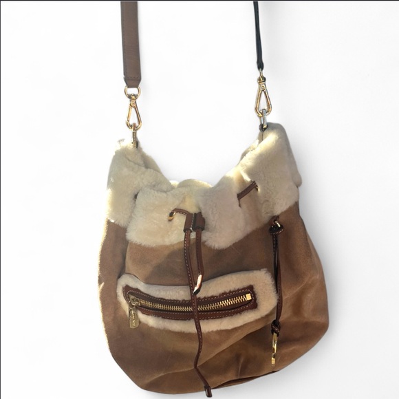 Michael Kors Tan Suede & Shearling Bucket Bag – Adjustable Strap, MK Charm - Picture 4 of 12